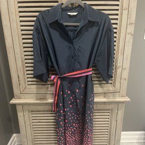 Tucker NYC Women's Silk Navy Button Down Polka Dot Belted Dress Size Small